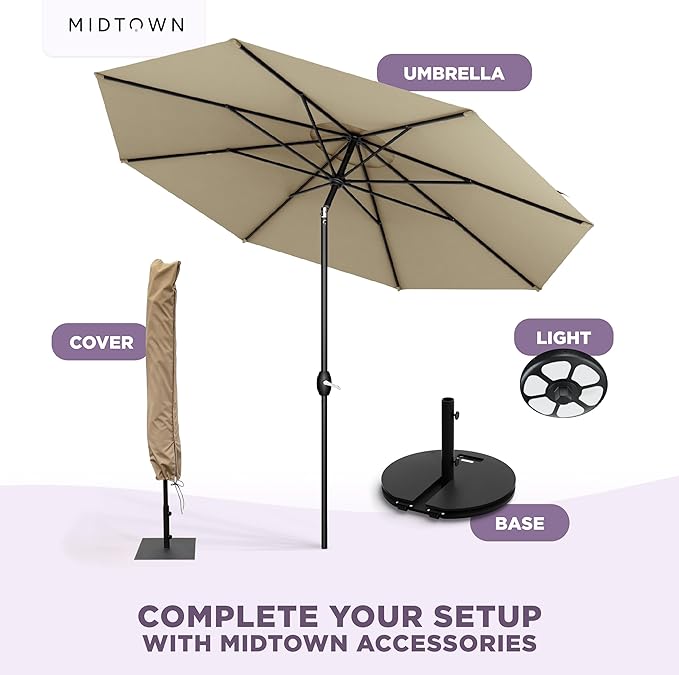 Midtown Umbrellas - 10-Year-No-Fade 9 Ft Patio Umbrella with Terylast Fabric, Auto-Tilt Aluminum Frame and 8 Reinforced Ribs for Deck, Pool, Garden & Beach - Chestnut Beige Canopy, Black Pole