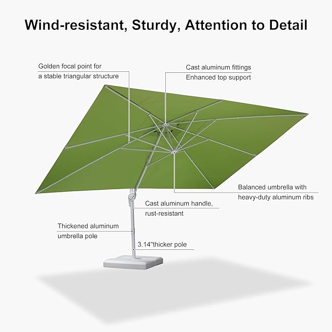 PURPLE LEAF 10' × 13' Patio Umbrella White Cantilever Umbrella Aluminum Square Outdoor Offset Umbrella Hanging Windproof with 360° Rotation for Garden Deck Pool, Green