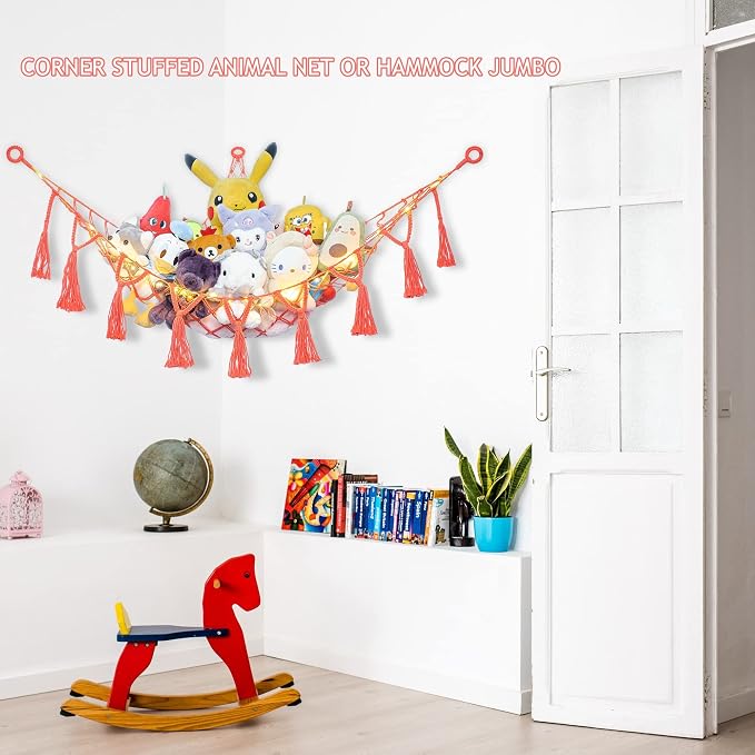 Macrame Stuffed Animal Hammock- Coral Red Hanging Corner Storage Net for Nursery & Bedroom Plushie Organization(No LED Lights)