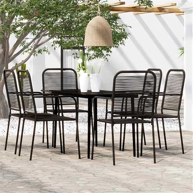 Afuera Living 7-Piece Outdoor Dining Set, Powder-Coated Steel Frame, Black Finish, Tempered Glass Table, Cotton Woven Seats, 55.1 in Table Length, Weather-Resistant Patio and Garden Furniture Set