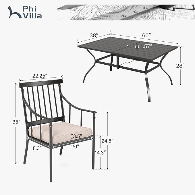 PHI VILLA 7 Piece Patio Dining Set, Rectangular Metal Table | Metal chairs, Fixed Chair, 1.57" umbrella hole, Cushions, powder-coated, 300 lb chair capacity, for Patio, Deck, Yard