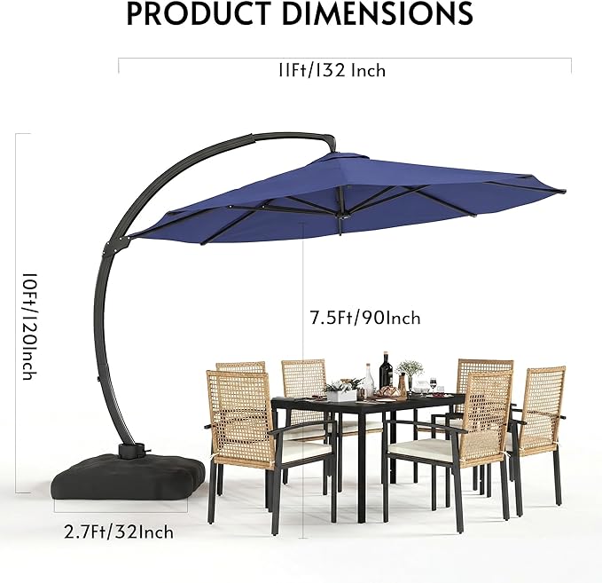 11FT Cantilever Patio Umbrella with Base Included, Large Cantilever umbrella with 360°Rotation, Heavy-Duty Offset Outdoor Umbrella for Patio,Pool,Garden and Backyard (Navy Blue)