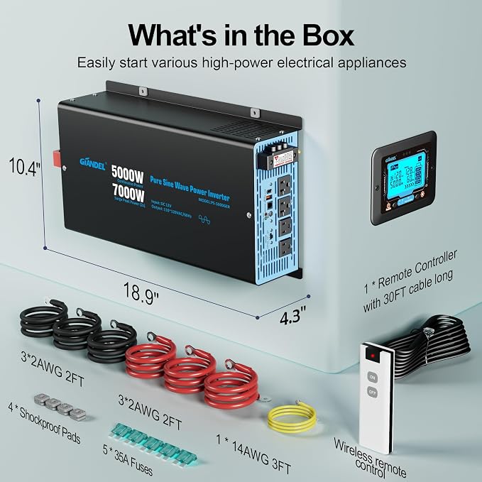 GIANDEL 5000W Pure Sine Wave Power Inverter 12V to 120V AC,7000W Max,Compatible with All 12V Batteries,Dua Remote,2x20Amps outlets,1x45amps Hardwire Ports,FCC Approved for RV Campers Off-Grid Solar