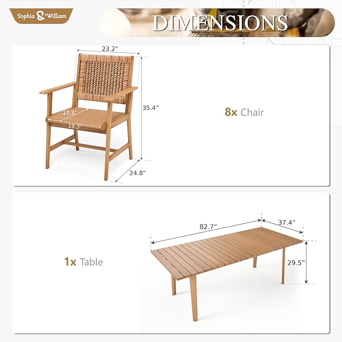 Sophia & William 9-Piece Patio Outdoor Dining Table Chair Set, Rattan Furniture Set of 8 Rattan Chairs and 1 Acacia Wood Rectangular Table for Yard, Garden, Porch and Poolside