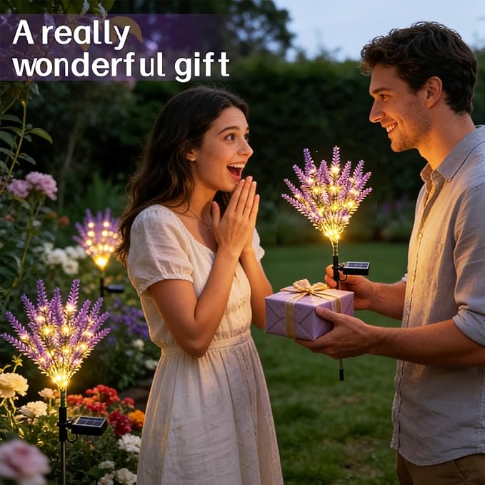 Solar Lavender Flowers Lights, 2 Pack Warm White Outdoor Waterproof Artificial Flower Garden Décor for Yard Pathway Patio Lawn, Mothers Day Gift, Fathers Day Halloween Gifts(56-Light LED)