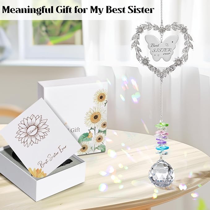 Suncatcher Gift for Sister Birthday, Best Sister Ever Crystal Ornament | Heart-shaped Gift for Big Sister, Unique Long Distance Gifts for Sister Adult, Indoor Window Decoration Sun Catcher