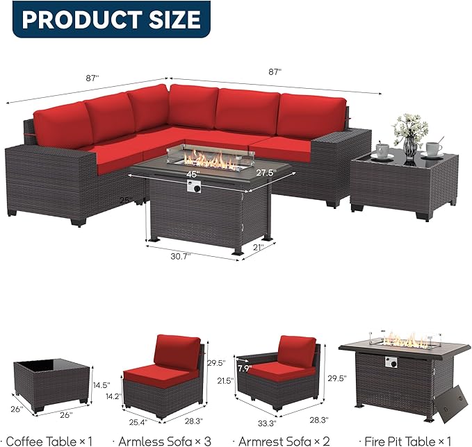 Patio Furniture Set 7 Pieces Outdoor Furniture Patio Conversation Set w/43in Gas Fire Pit,PE Rattan Wicker 7 Pcs Outdoor Sofa Set w/55000 BTU Propane Fire Pit Table,Red