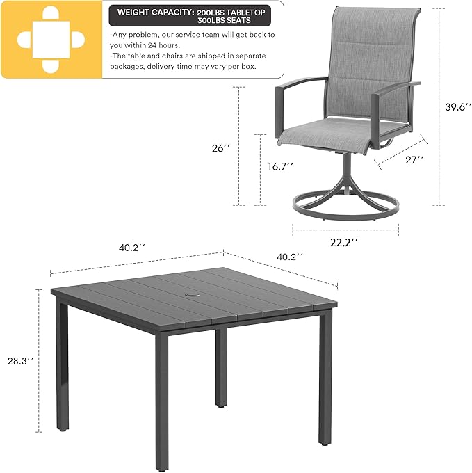 VICLLAX 5 Pieces Patio Dining Set, 4 Seats Outdoor Furniture Set Includes 40.2" Square Outdoor Dining Table and 4 Swivel Patio Chairs, Grey Tabletop and Fabric