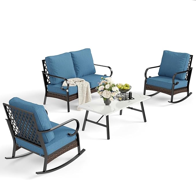 4 Piece Metal Outdoor Patio Furniture Sets, Patio Conversation Sets with 5.75" Thick Cushion, Patio Loveseat and Rocking Chair wth Coffee Table, Balck Backyard Furniture, Denim Blue