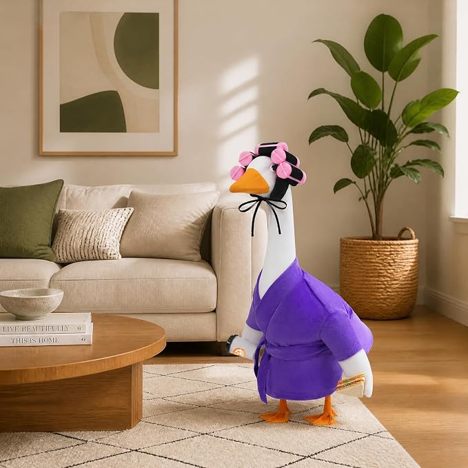 Lady Porch Goose Bathrobe Outfits Fits 23" Concrete Goose Statue | Funny Winter Porch Goose Outfit Old Lady Geese Costume with Curlers Coffee Cup for Outdoor Yard Garden Patio Decor(Violet)