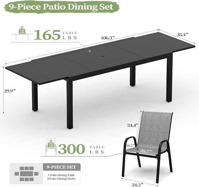 PIZZELLO 9 Pieces Outdoor Dining Set, 106" Aluminum Extendable Patio Dining Table w/ 8Pcs Stackable Textilene Chairs, All Weather Outdoor Table and Chairs Sets for Backyard, Garden, Deck and Poolside