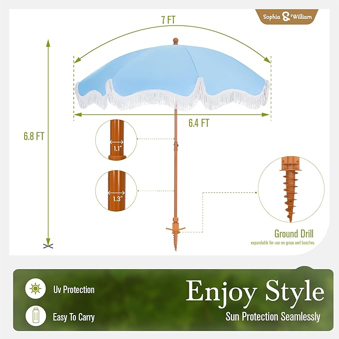 Sophia & William 7ft Outdoor Beach Umbrellas with Fringe, Portable Tilt Umbrellas for Sand, Patio, Lawn, Garden, Pool, Outing, Balcony