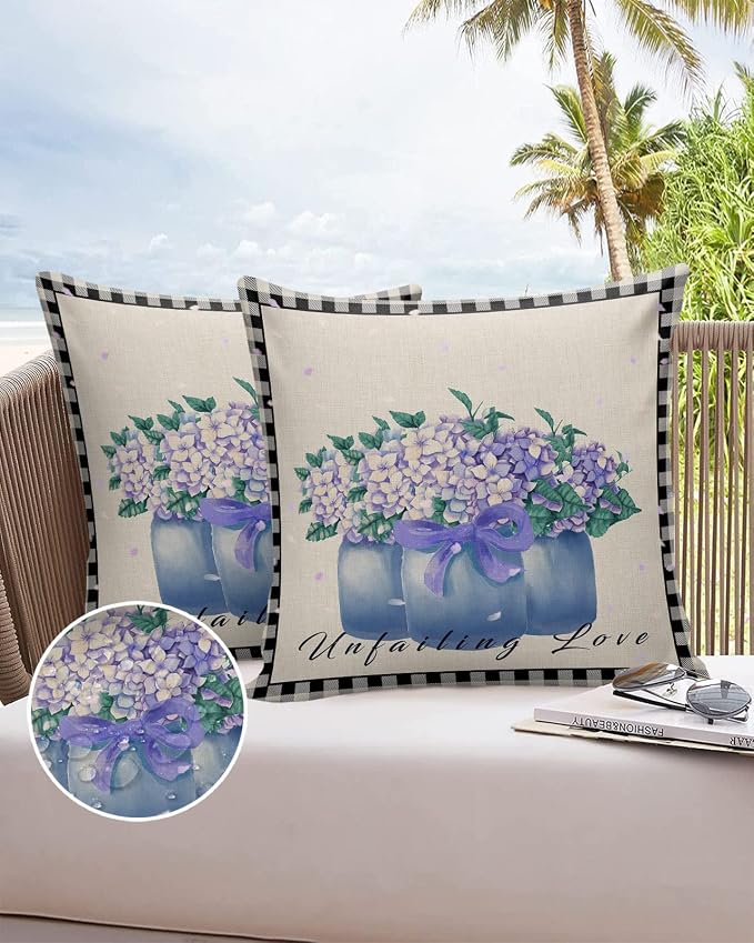 Hydrangea Outdoor Pillow Shams Set of 2, Decorative Pillowcases Cushion Case, Soft Throw Pillow Covers Waterproof Pillow Case 24x24 Inch, Purple Flowers in Jar Black Plaid Unfailing Love