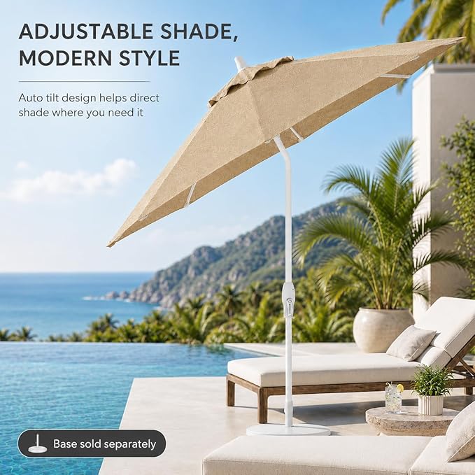 Treasure Garden 9ft Patio Umbrella - Outdoor Furniture Market Umbrella – Deluxe Auto-Tilt – White Aluminum Frame (Sunbrella, Antique Beige)