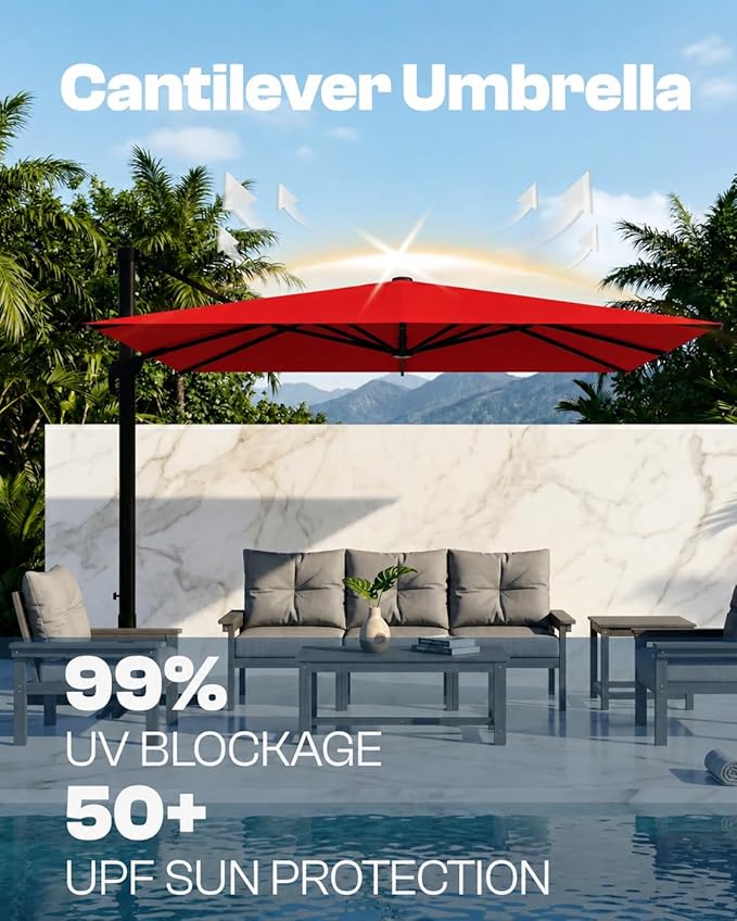 9x9 FT Square Cantilever Umbrella,Easy Tilt, Fade Resistant & 360° Rotation, Offset for Pool Deck Backyard Patiored (Base not Included)