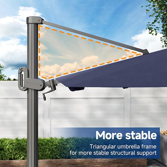 FLAME&SHADE 11ft Cantilever Patio Umbrella with Base, Round Offset Umbrella with Solar Light Strips, Large Heavy Duty Outdoor Aluminum 360° Rotation,for Deck,Pool,Backyard