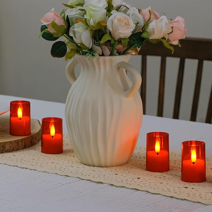 Flameless Small Tea Light LED Candles, Acrylic Battery Operated Votive 1.7" x2.5" with Remote Control and Timer, Tealight Red Flickering Warm Light Pack of 15 Electric Long Lasting