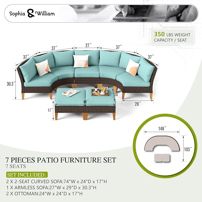 Sophia & William Outdoor Wicker Sectional Sofa Set, 7 Piece Half Moon Curved Patio Furniture Modern Round Outdoor Couch Conversation Set with Ottoman for Backyard, Pool, Garden(Aqua Blue)