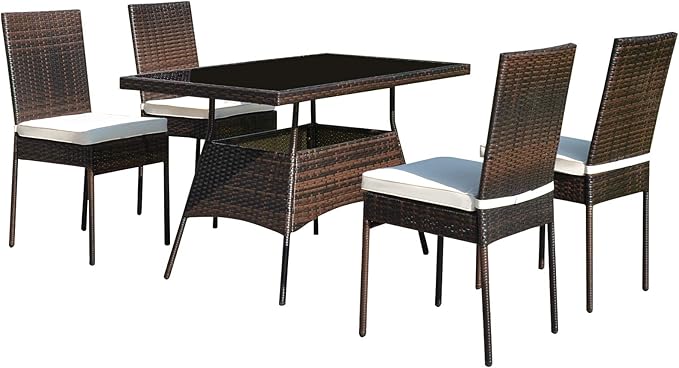 Tangkula 5 Piece Patio Wicker Dining Set, Outdoor Rattan Table and Chairs with w/Tempered Glass Table Top & Padded Cushions, Wicker Patio Conversation Furniture Set for Balcony Patio Garden Poolside
