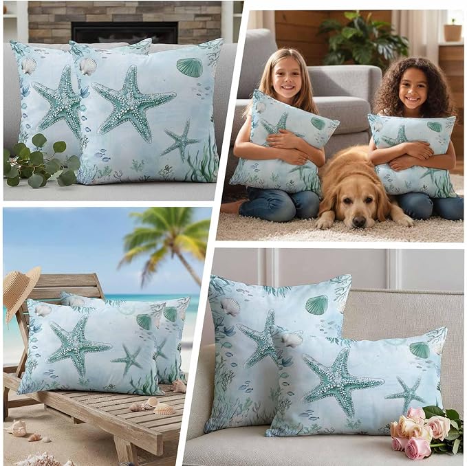 Coastal Starfish Waterproof Outdoor Pillow Covers Set of 2 Home Decor, Nautical Coral Tropical Fish Seashells Pillowcase Patio Pillow Covers for Couch Bench Furniture Garden 16x16in