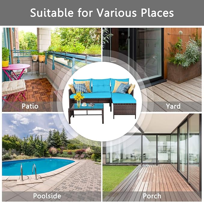 DORTALA 3 Piece Wicker Patio Furniture Set, PE Rattan Outdoor Sectional Sofa Conversation Set with Loveseat, Lounge and Tempered Glass Coffee Table for Garden Lawn Deck (Turquoise)