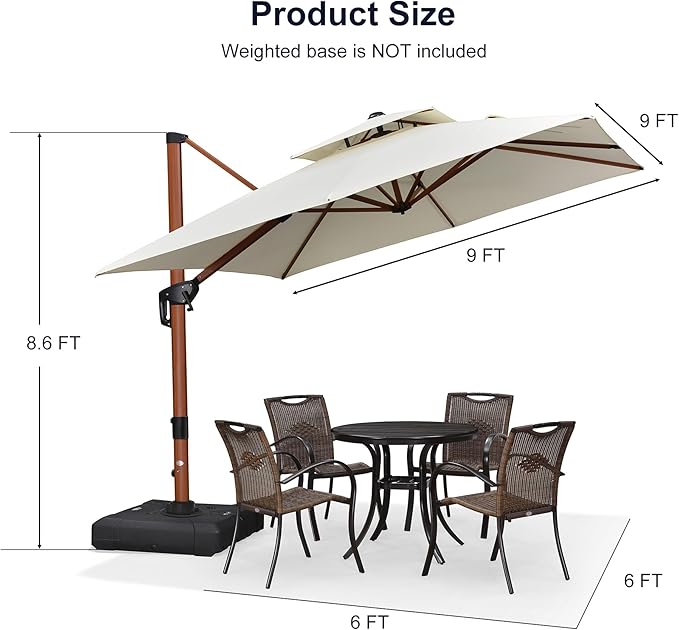 PURPLE LEAF 9ft Patio Umbrella Outdoor Square Umbrellas Large Cantilever Umbrella Windproof Offset Umbrellas Heavy Duty Sun Umbrella for Garden Deck Pool Patio, Cream
