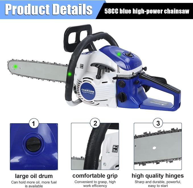 58CC Gas Chain Saw, 1 Set 20 Inches 3.5HP Gas Chain Saw High Power Rust Resistant Wood Chainsaw for Wood Cutting (Blue)