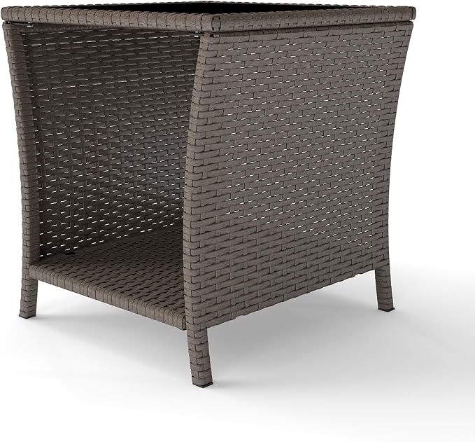 Kinfant Rattan Patio Side Table - Set of 2 Modern Wicker End Table, PE Rattan Coffee Table with Glass Top, Weather-Resistant Patio Furniture for Patio, Balcony, Garden, and Poolside (2, Sesame)