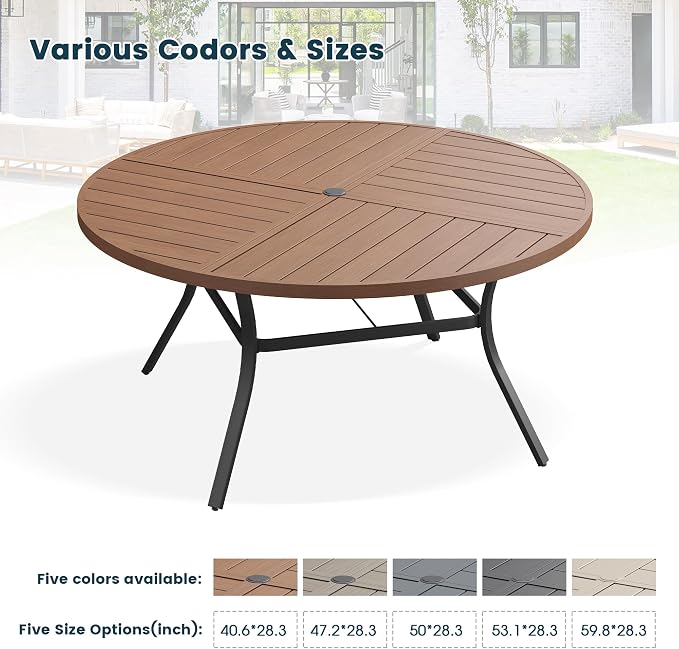 Patio Dining Table for 6, Round Metal Outdoor Table with Storage Shelf, 1.57" Umbrella Hole, 50" Outdoor Quartered Tabletop Dining Table for Backyard, Porch, Lawn, Walnut