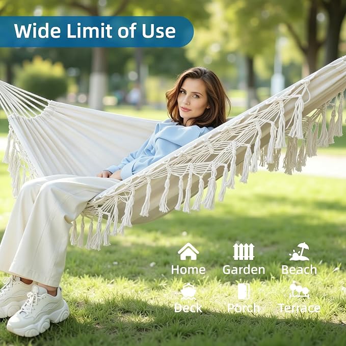Brazilian Style Double Hammock with Fringe, 2 Person Patio Hammock for Backyard & Indoor Relaxation, Soft Breathable Fabric, Easy Setup with Straps & Carry Bag, 360 lbs Capacity