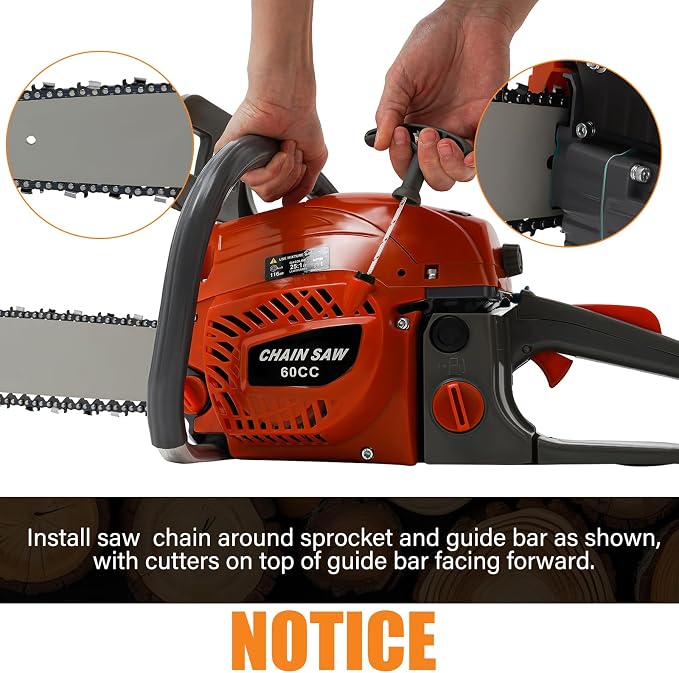 60CC 2-Cycle Gas Powered Chainsaw, 2.8KW Gasoline Chain Saw Cordless, 22Inch Gas Chainsaw Handheld for Wood Cutting and Garden Pruning
