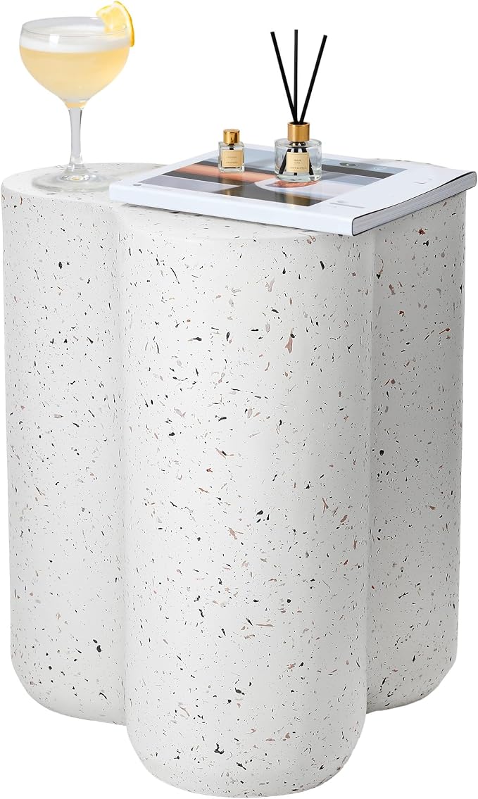 18β Side Table, Modern Outdoor Accent Table with Painted Faux Terrazzo-Look, Durable Lightweight Coffee Table Art Decor, Outside Garden Stool with Weatherproof MGO for Indoor Porch Garden