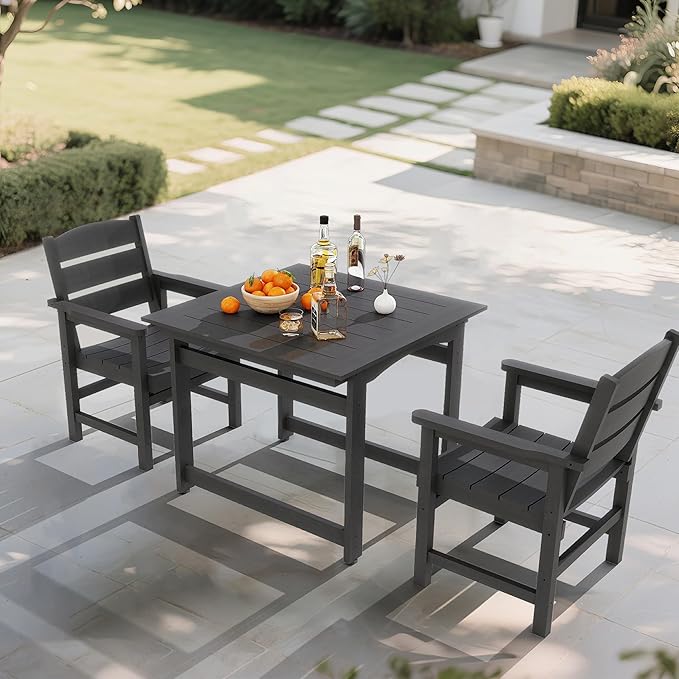 3 Piece Patio Dining Set,Patio Furniture Set for 2,Outdoor Table and Chairs with Umbrella Hole,All-Weather 36” Square Dining Table with Non-Slip Mat for Garden,Poolside,Backyard,Black