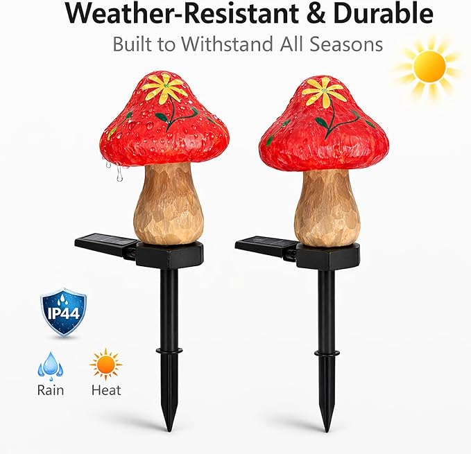 Solar Garden Lights Outdoor, 2 Pack Decorative Solar Mushroom Pathway Lights Waterproof, Resin Garden Lights for Yard Lawn Walkway Patio Decor