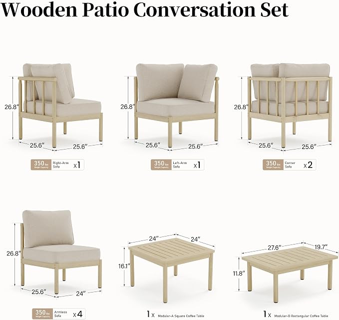 SUNSHINE VALLEY Patio Furniture,Acacia Wood Outdoor Sectional Sofa with 5.5" Ultra-Thick Cushions,L/U Shaped Modular Patio Conversation Set,Lawn Garden Backyard Couch Set with Nesting Tables,Beige