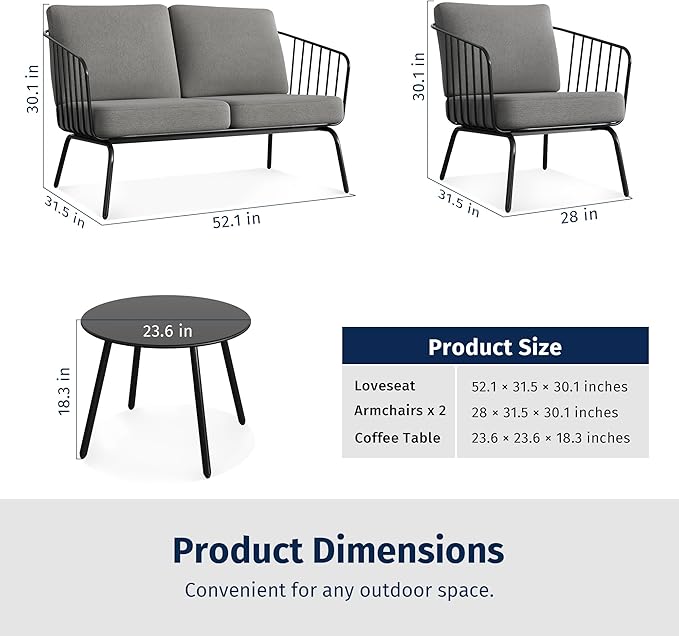 East Oak 4-Piece Plaza Patio Furniture Set, Outdoor Furniture with Thick Cushion Sofa and Coffee Table, Modern Patio Conversation Set for Balcony, Poolside and Yard, Black & Grey