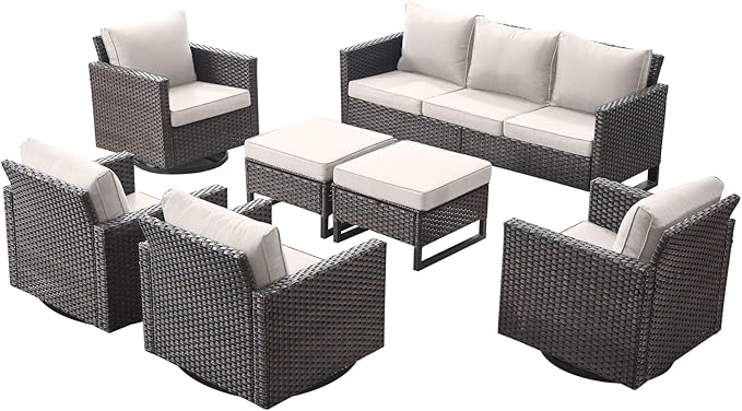 Rilyson Wicker Outdoor Patio Furniture Set - 7 Piece Patio Conversation Set with 4 Swivel Rocker Chairs,2 Rattan Ottoman and 1 Couch for Outside Porch Deck Backyard(Brown/Beige)
