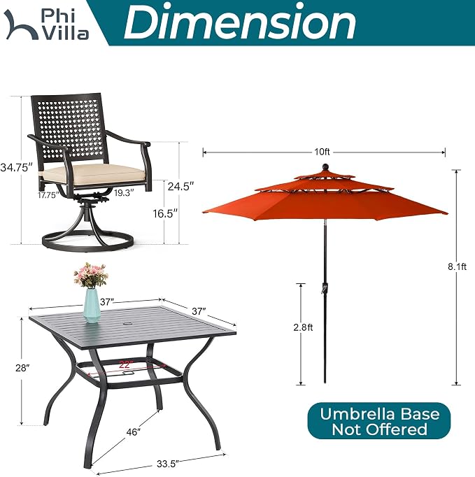 PHI VILLA Outdoor Table Chairs for 4, Patio Metal Furniture w/Umbrella | 37" wrought iron square table & swivel chairs. 10ft red umbrella. 5pcs dining set for deck, porch, backyard.