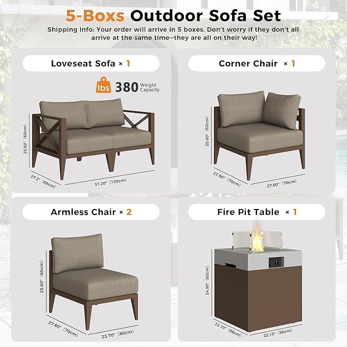 Aluminum Outdoor Furniture Set with Fire Pit Table,5-Seats Conner Patio Sectional Conversation Sofa with 5.2" All-Weather Cushions and Coffee Table,Outdoor Patio Furniture Set(Brown)