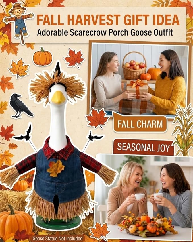 Scarecrow Porch Goose Outfits, 23 Inch Fall Geese Costume with Straw Hat | Porch goose fall outfit with hat & bat decor. Halloween thanksgiving yard decor for concrete statue, gift for mom grandma.