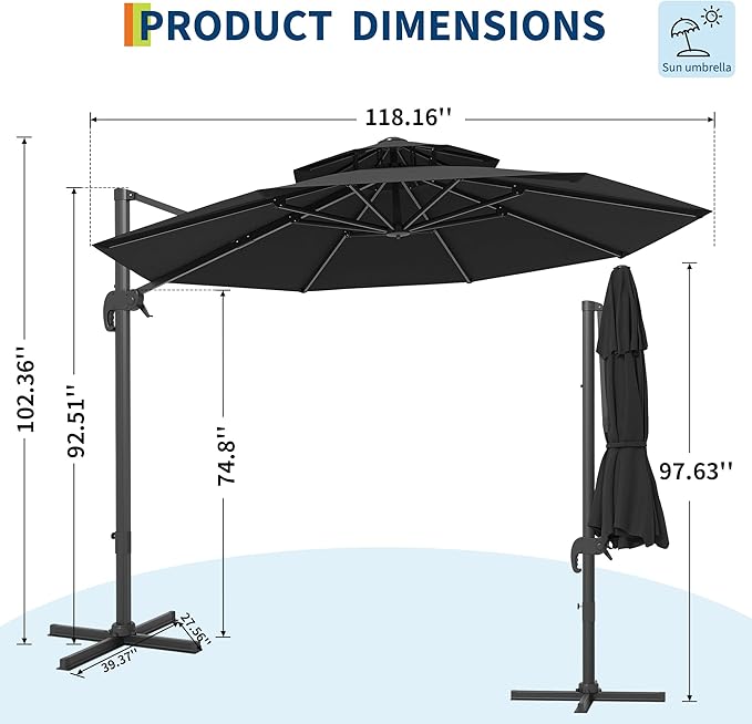 10FT Outdoor Umbrellas for Patio, Cantilever Umbrella with Steel Frame, UV Protection, Fade Resistant Fabric, 360 Degree Rotation, Pool Umbrellas Outdoor for Garden Deck Backyard