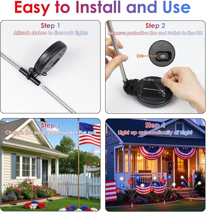 OZS 6 Pack Solar American Flag Lights - 4th of July Solar Garden Outdoor Waterproof Firefly Light for Memory Day, Independence Day, National Day Decoration (Red White Blue)