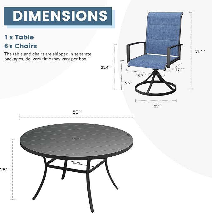 DIFY 7 Piece Outdoor Patio Dining Set for 6, 50" Black Round Metal Dining Table and Swivel Patio Chairs with Blue Padded Textilene, All-Weather Outdoor Furniture Set for Garden Backyard Porch
