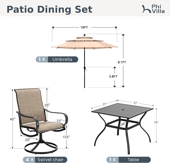 PHI VILLA Patio Furniture Set with Umbrella for 4,Swivel Mesh Dining Chairs | Includes 1 square metal table, 4 breathable textilene chairs and 10ft Beige umbrella, designed for deck, backyard, garden