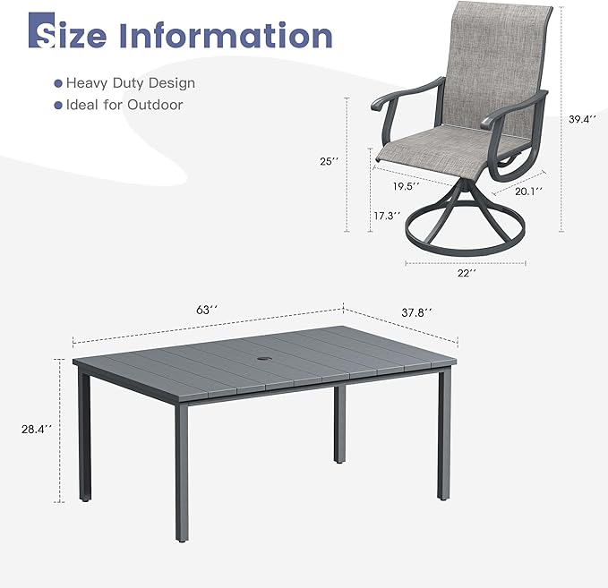 VICLLAX 7 Pieces Patio Dining Set, Patio Furniture Set of 6 Patio Swivel Dining Chairs and Rectangular Patio Table, Grey Chairs & Dark Grey Tabletop