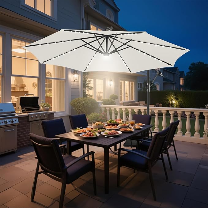 Solar Offset Patio Umbrella - 10 FT Solar Cantilever Umbrella Outdoor with 40 LED Lights and Cross Base, UV Protection for Garden, Deck, Backyard, Pool, Porch, Ivory