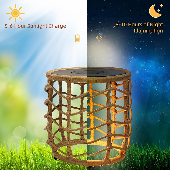 Solar Yard Set of 2 Solar Nesting Tables with Built-in Lights, Weather-Resistant Wicker for Patio, Garden, Side Table for Outdoor Natural
