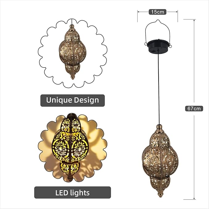 Hanging Solar Lights Garden Lights Metal Moroccan Lamp Waterproof for Outdoor Hanging Decor Yard Backyard Garden Decorative (2 Pack, Bronze)