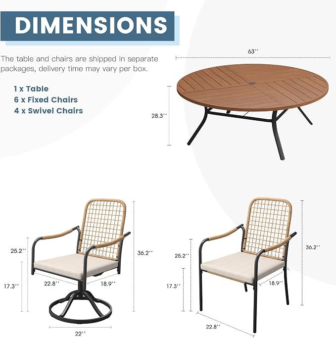 DIFY 11 Pieces Outdoor Dining Set for 10, 63" Walnut Round Metal Table with 6 Stackable Wicker Patio Chairs & 4 Swivel Chairs, Patio Furniture Set with Cushions and Umbrella Hole, Wheat Rattan