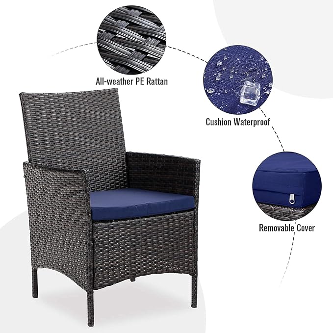 PHI VILLA Wicker Patio Dining Chairs Set of 2 with Removable Cushions | 2 Rattan dining chairs with thick removable seat cushions. Sturdy steel frame, easy assembly.